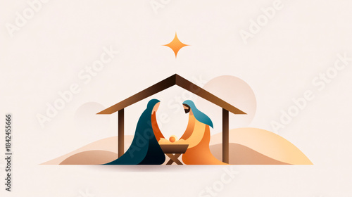 Minimalist illustration representing Nativity scene in Bethlehem. Christmas design of holy family baby Jesus with Joseph and Mary.