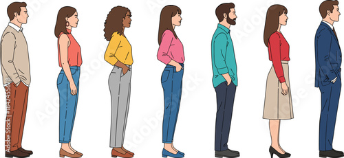 Diverse group of men and women standing in profile view wearing casual and business attire