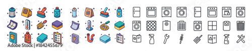 Colorful and outline household cleaning and laundry icons in mod
