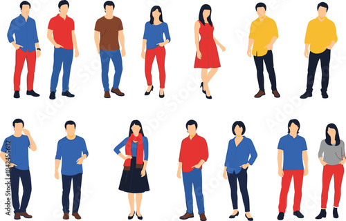 Diverse group of men and women in casual clothing standing against a white background