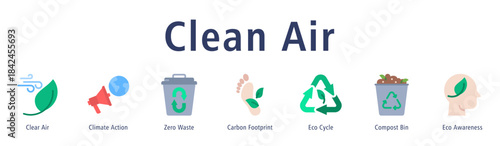 Clean Air web banner icon vector illustration with icons of Clear Air, Climate Action, Zero Waste, Carbon Footprint, Eco Cycle, Compost Bin, and Eco Awareness.