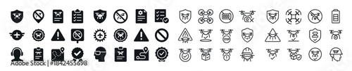 Drone safety and regulations icons set for navigation and compli