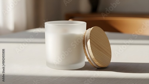 Frosted glass candle with wood lid