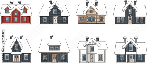 Collection of eight diverse winter houses with snow covered roofs and chimneys home