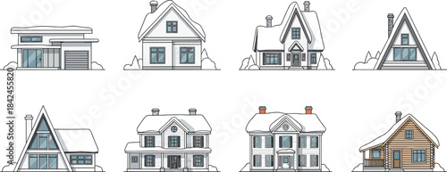 Collection of eight diverse houses covered in snow with various architectural styles
