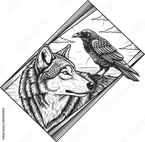 Engraved Illustration of a Symbolic Raven and Wolf Within Diamon