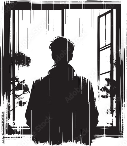 Black and white sumi-e illustration of a contemplative man by a