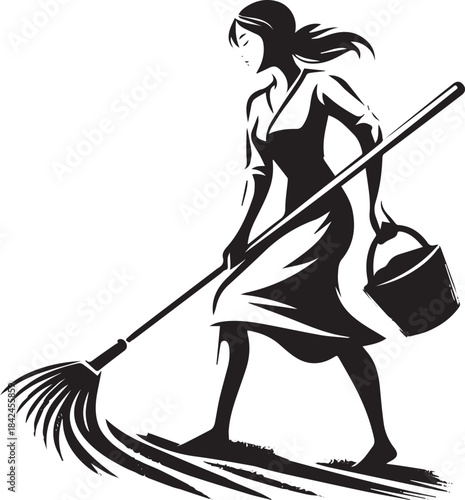 Elegant cleaning lady, illustration of a woman cleaning the floo