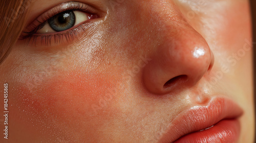Close up macro shot of woman face details. Beautiful girl with pretty features. Young woman looking into camera.