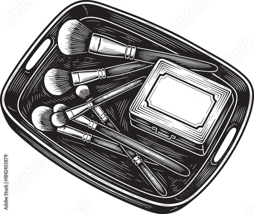 Monochrome Engraved Illustration of Makeup Tray with Brushes and