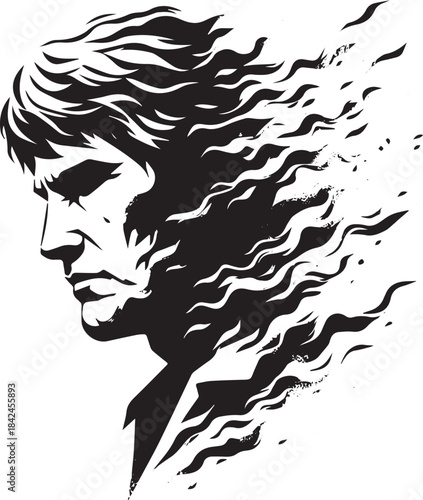 Monochrome portrait of a dissolving face in a stylized brushstro