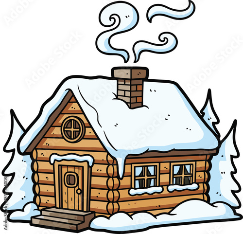 Cartoon log cabin with snow covered roof and smoking chimney surrounded by pine trees