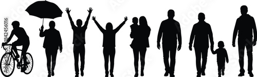 Black silhouettes of people including a cyclist an umbrella holder a family and individuals