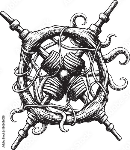 Engraved Emblem of Tentacled Device, Nautical Compass, Mystical