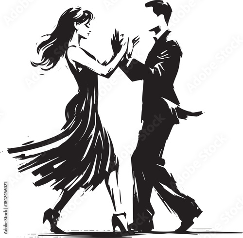 Dynamic monochrome illustration of a couple engaging in a lively