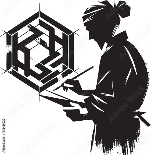 Monochrome depiction of an artisan composing intricate geometric