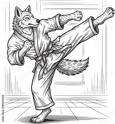 Engraved illustration of a wolf character performing a karate ki