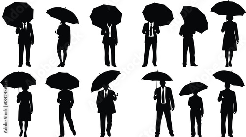 Black silhouettes of men and women holding umbrellas in various poses woman business