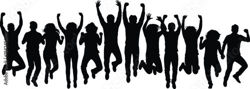 Black silhouettes of diverse people jumping and celebrating with arms raised celebration