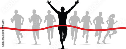 Black silhouette runner crossing red finish line with grey runners behind running