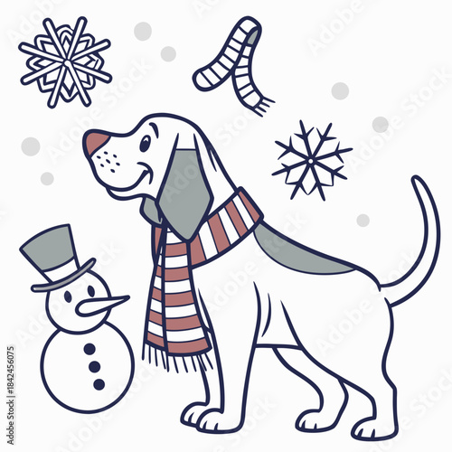 Delightful Funny Bloodhound in a Winter scene with with a scarf – Winter Wonderland vector illustration