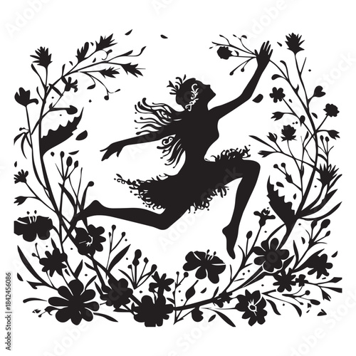 black and white background fairy with flowers silhouette
