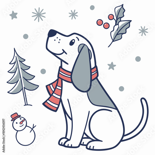 Content Bloodhound with with a tiny crown, set in a charming Winter theme – Winter Wonderland color vector art