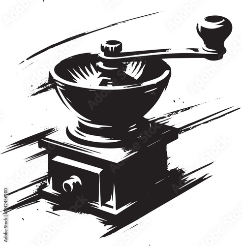 Stylized coffee grinder depiction in minimalist black and white