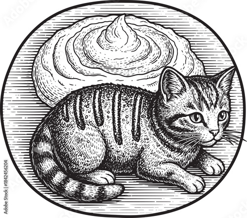 Intricate etched illustration of a tabby cat resting near a crea