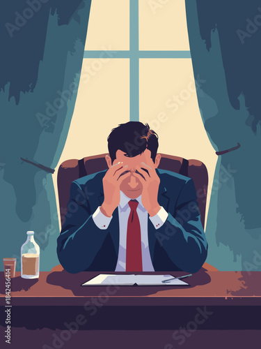A man in a suit burying his face in his hands, sitting at a dark mahogany desk, low key lighting, shadows dominating the frame, conveying bankruptcy or stress