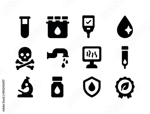 Water Quality Icons. Water quality protection. Solid icon set of