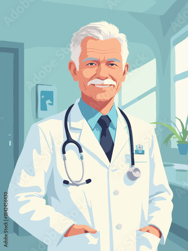 A kind, elderly male doctor with a stethoscope, warm smile, soft focus hospital background, trustworthy and reassuring atmosphere