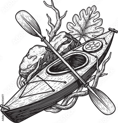 Engraved illustration of kayak adventure scene with paddle and f