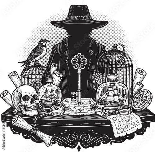 Engraved Illustration of Mysterious Figure with Pirates Treasure