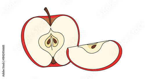 A red apple cut in half with a single separate slice next to it showing the core and seeds on a white background.