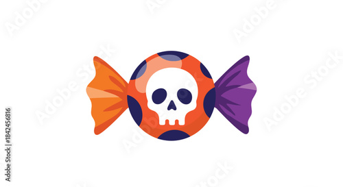 A round piece of Halloween candy with a spooky white skull design in a festive orange and purple twisted wrapper.