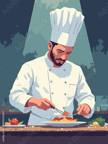 Stern head chef plating a dish with tweezers, white chef coat, dark kitchen background, dramatic spotlight on the food and face, culinary perfection concept