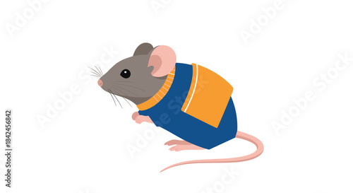 A cute cartoon mouse or rat wearing a cozy blue and yellow knitted sweater isolated on a plain white background.