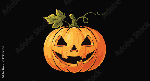 Classic carved Halloween jack-o-lantern with a spooky glowing smile and a green stem isolated on a solid black background.