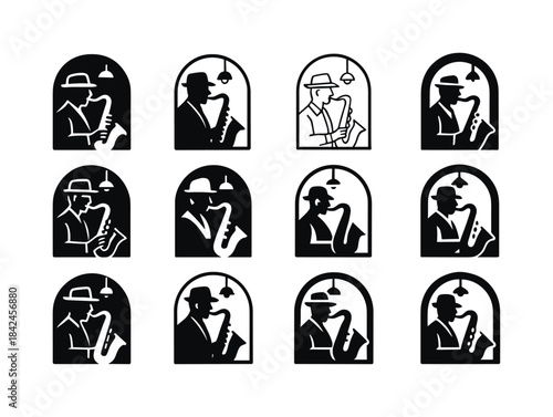 Jazz Musician Logos. a jazz musician playing a saxophone in a di