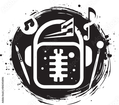 Minimalistic podcasting insignia with music notes in sumi-e insp