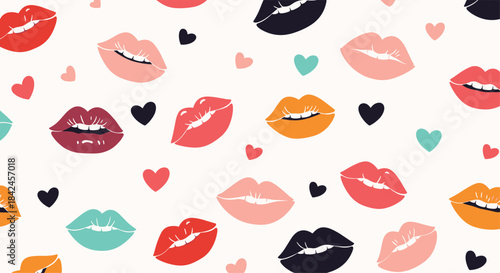 A seamless romantic pattern of colorful cartoon lips and hearts in various shades of red pink and blue on a light background.