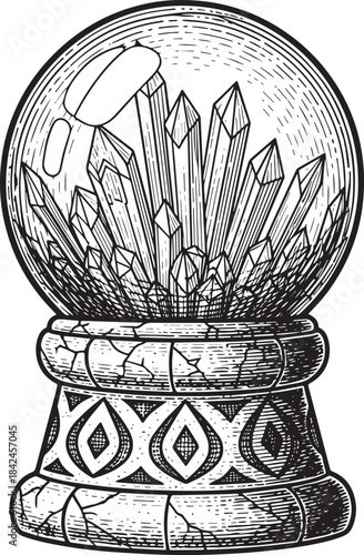 Mystical crystal ball engraved illustration with geometric base