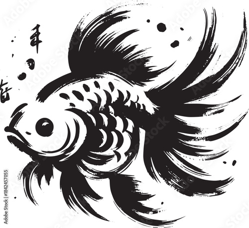 Elegant Goldfish Illustration with Sumi-e Brushwork Style, Minim