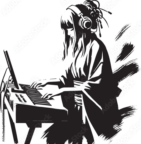 Monochrome Synthwave Musician Illustration in Brushstroke Sumi-e