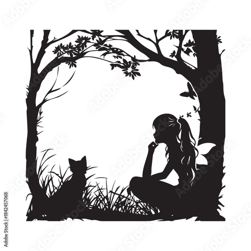 silhouette of a fairy girl with forest