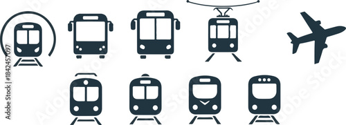 Public transportation icons set train bus tram airplane travel symbols