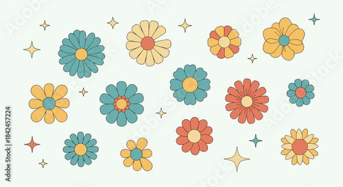 A collection of retro groovy flowers and sparkling stars in a vintage 70s color palette of blue yellow and orange.