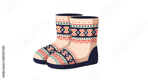 A cozy pair of traditional felt winter boots or valenki decorated with colorful red green and blue folk art patterns.
