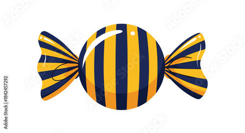 A sweet piece of wrapped candy with a bold vertical stripe pattern in Halloween colors of dark blue and bright yellow.